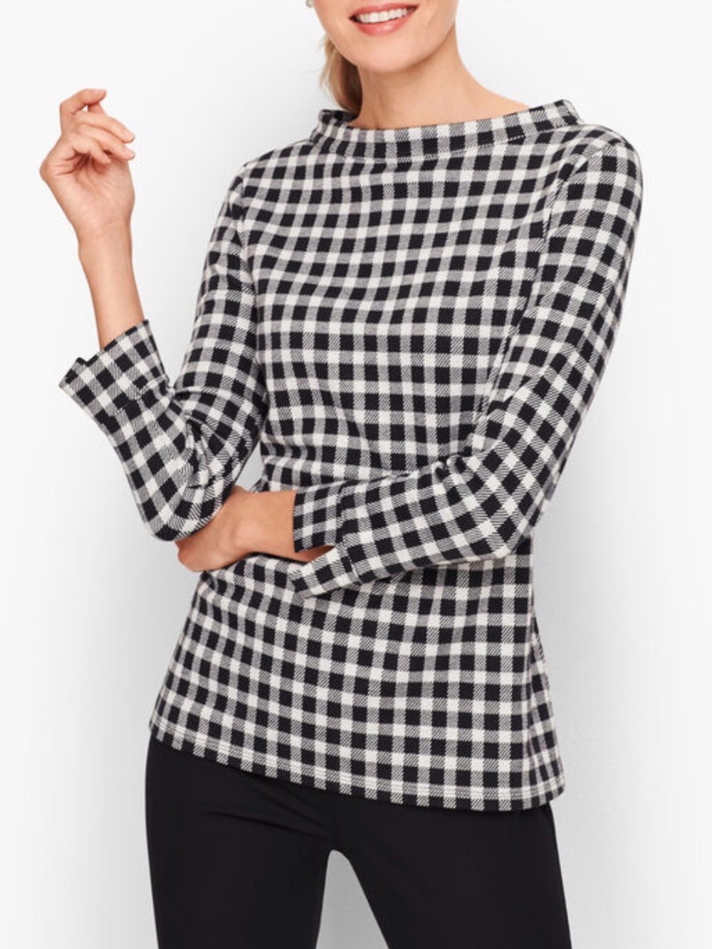 Talbot’s Sabrina Black White Buffalo Check 3/4 Sleeve Zip Back Top Medium Petite